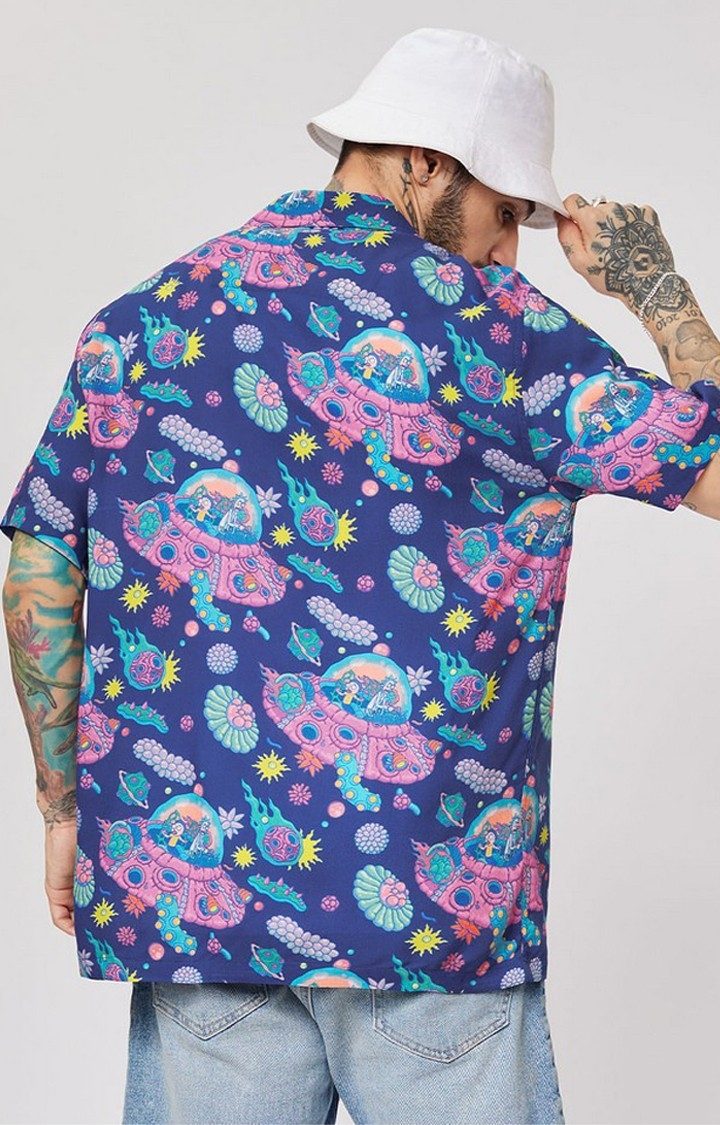 Men's Rick And Morty: Space Adventure Blue Printed Oversized Shirt