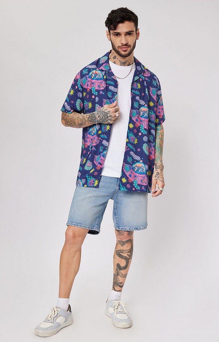 Men's Rick And Morty: Space Adventure Blue Printed Oversized Shirt