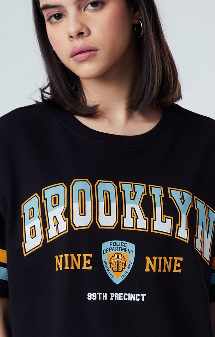 Women's Brooklyn Nine-Nine: 99th Precinct Black Typographic Printed Oversized T-Shirt