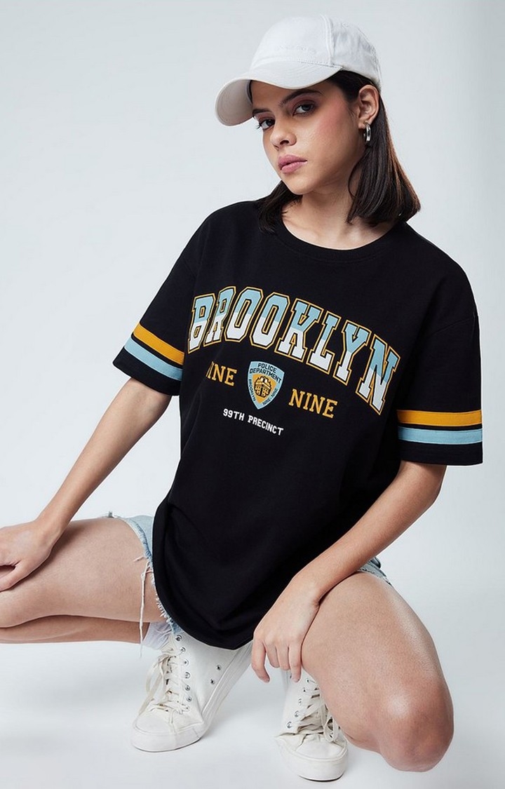 Women's Brooklyn Nine-Nine: 99th Precinct Black Typographic Printed Oversized T-Shirt