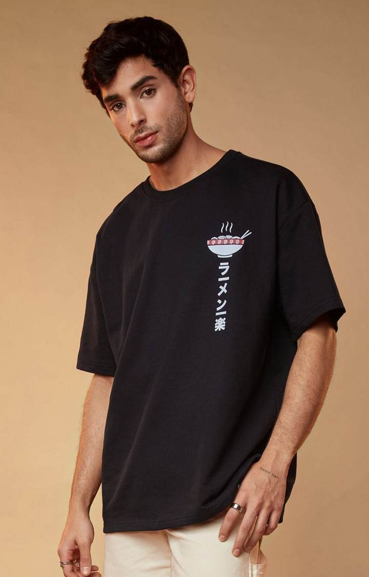 Men's Naruto: Ramen Black Graphic Printed Oversized T-Shirt