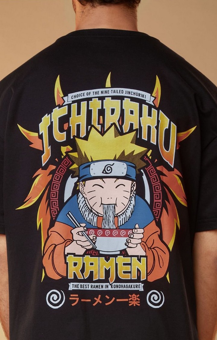 Men's Naruto: Ramen Black Graphic Printed Oversized T-Shirt