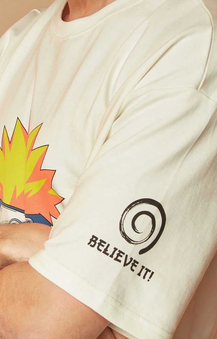 Men's Naruto: Believe Beige Graphic Printed Oversized T-Shirt