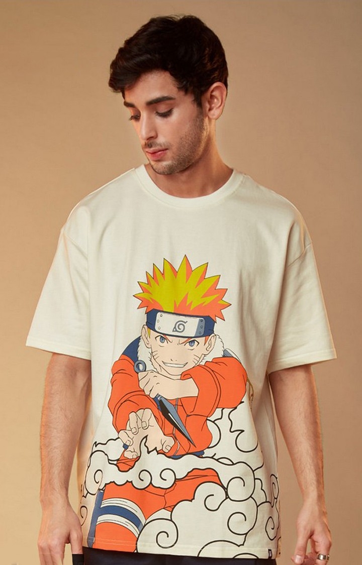 Men's Naruto: Believe Beige Graphic Printed Oversized T-Shirt