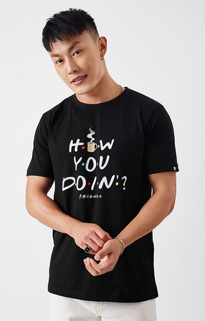 Men's F.R.I.E.N.D.S: How You Doin Black Typographic Printed Regular T-Shirt