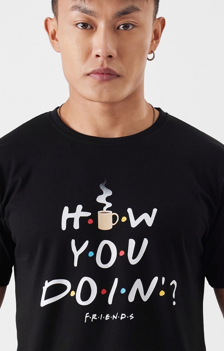 Men's F.R.I.E.N.D.S: How You Doin Black Typographic Printed Regular T-Shirt