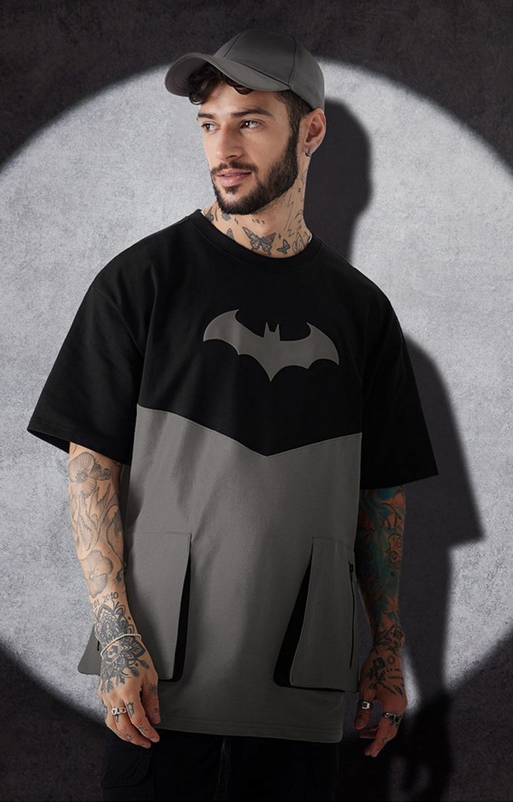 Men's Batman: HD Logo Black & Grey Printed Oversized T-Shirt