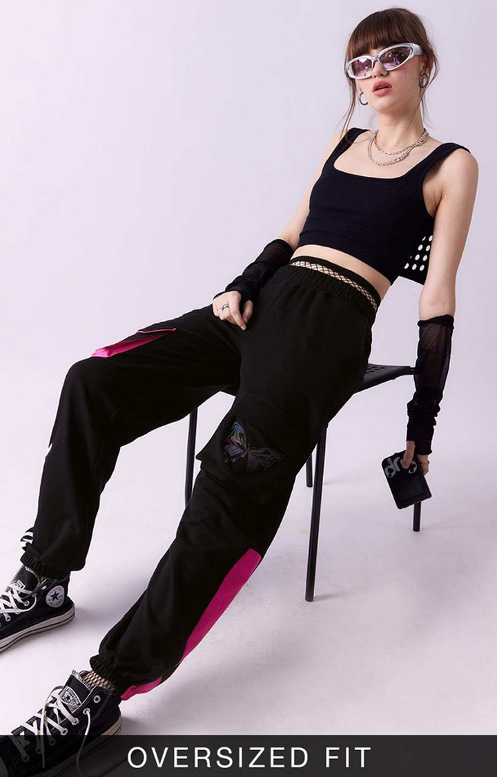 Women's Black Polycotton Printed Cargos