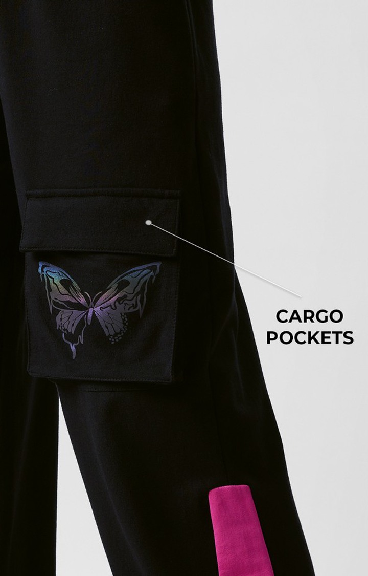 Women's Black Polycotton Printed Cargos