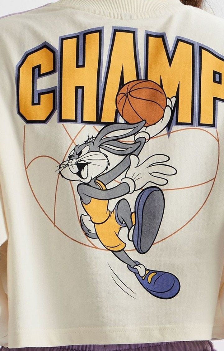 Women's Looney Tunes: Champ Beige Printed Crop Top