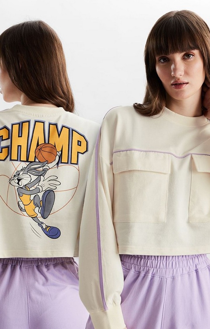 Women's Looney Tunes: Champ Beige Printed Crop Top