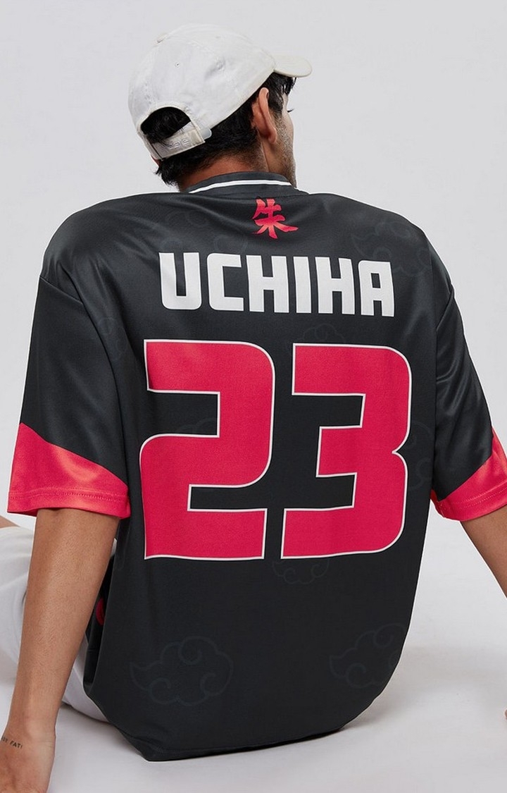 Men's Naruto: Uchiha 23 Black Typographic Printed Oversized T-Shirt