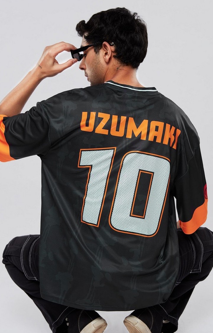 Men's Naruto: Uzumaki 10 Black Typographic Printed Oversized T-Shirt