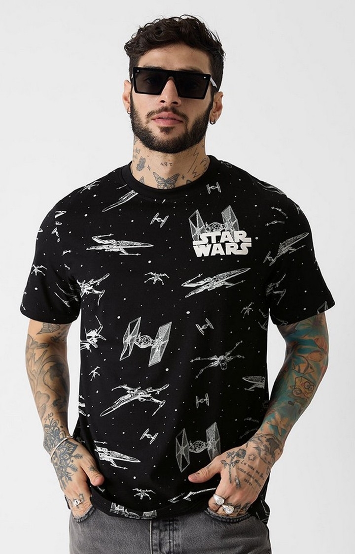 Men's Star Wars: Spaceship Pattern Black Printed Regular T-Shirt