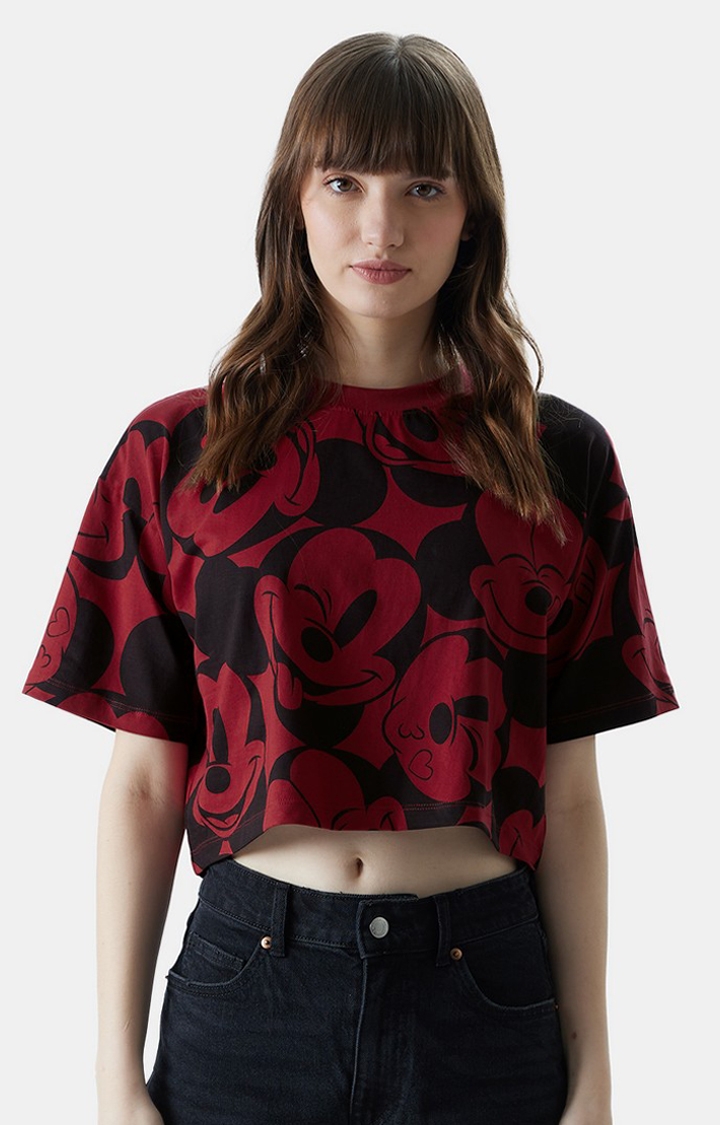 Women's Official Disney Mickey Faces Oversized Cropped T-Shirts