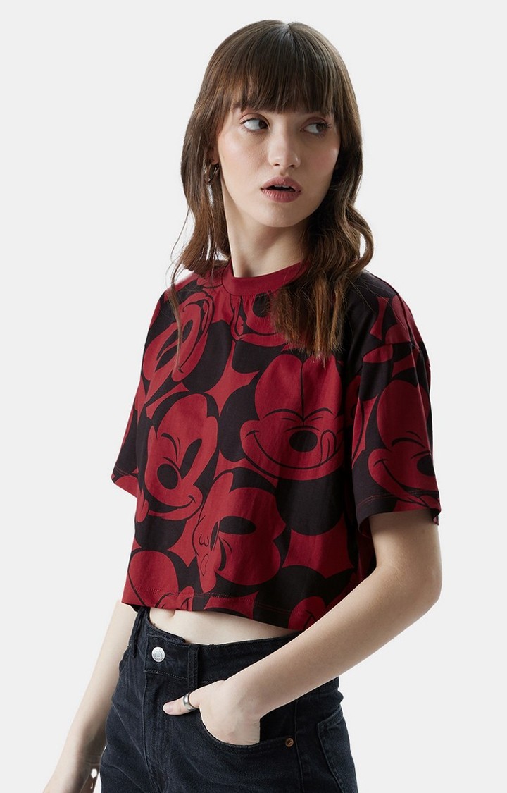 Women's Official Disney Mickey Faces Oversized Cropped T-Shirts