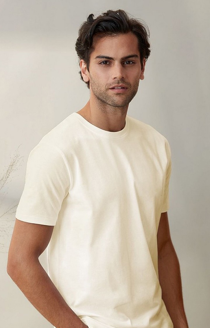 Men's Off White Solid Regular T-Shirt