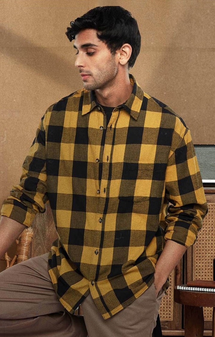 The Souled Store | Men's Mustard Yellow Checked Oversized Shirt