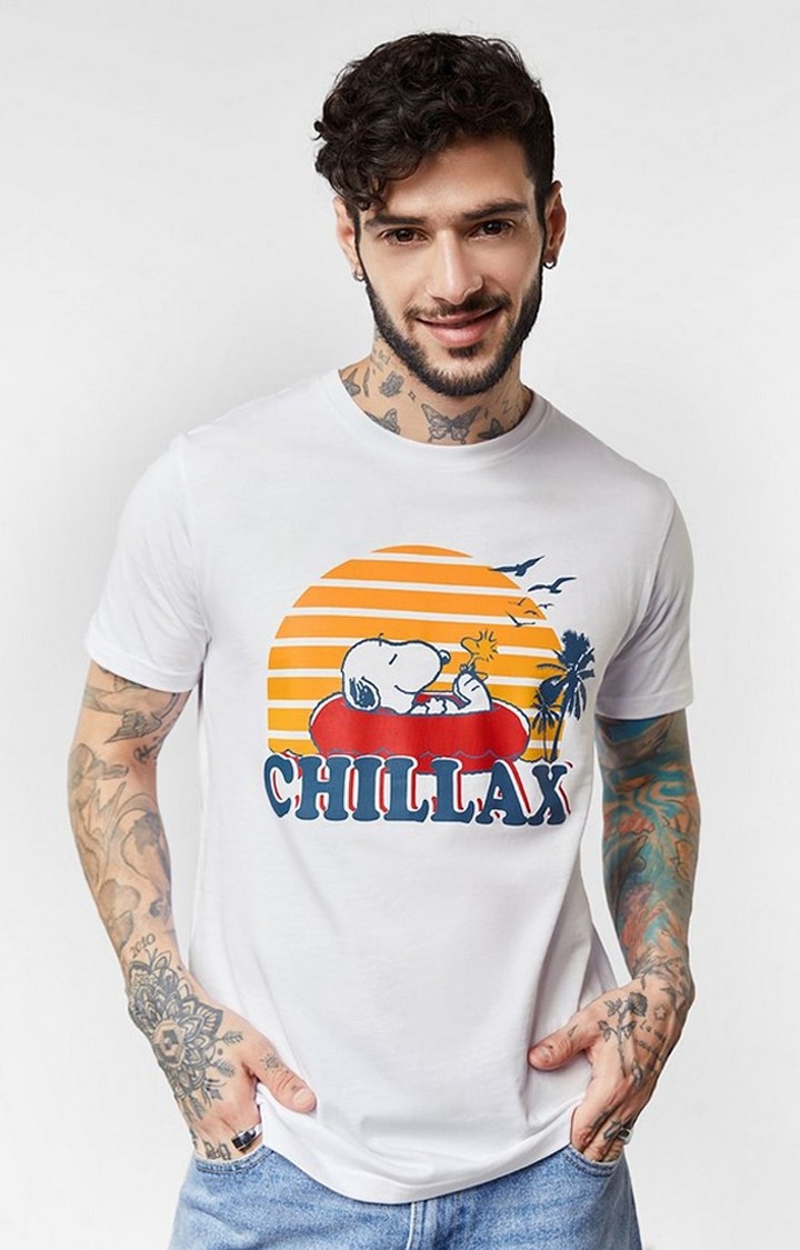 Men's Peanuts: Chillax White Printed Regular T-Shirt