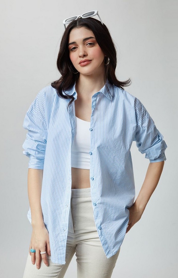 The Souled Store | Women's Blue Striped Oversized Shirt