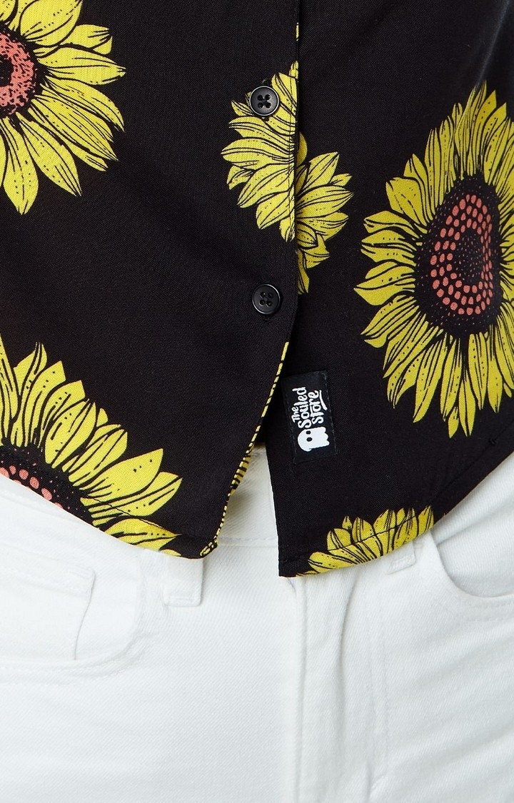Women's Sunflower Black Floral Printed Oversized Shirt