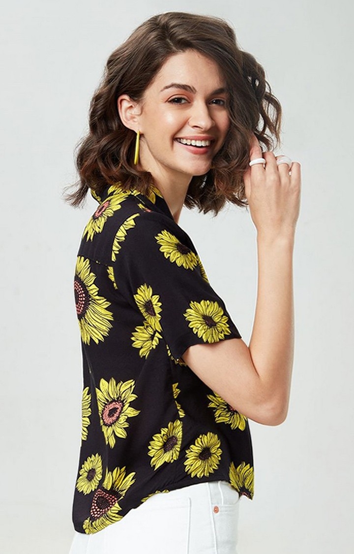 Women's Sunflower Black Floral Printed Oversized Shirt