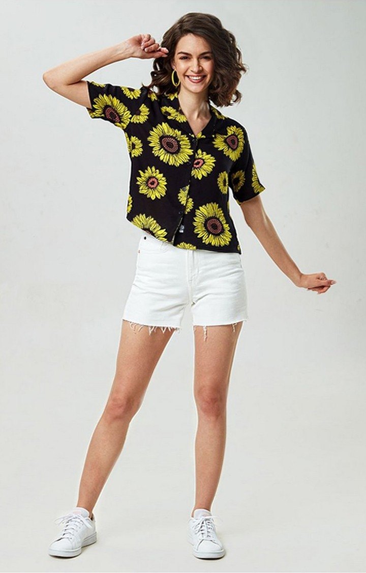 Women's Sunflower Black Floral Printed Oversized Shirt