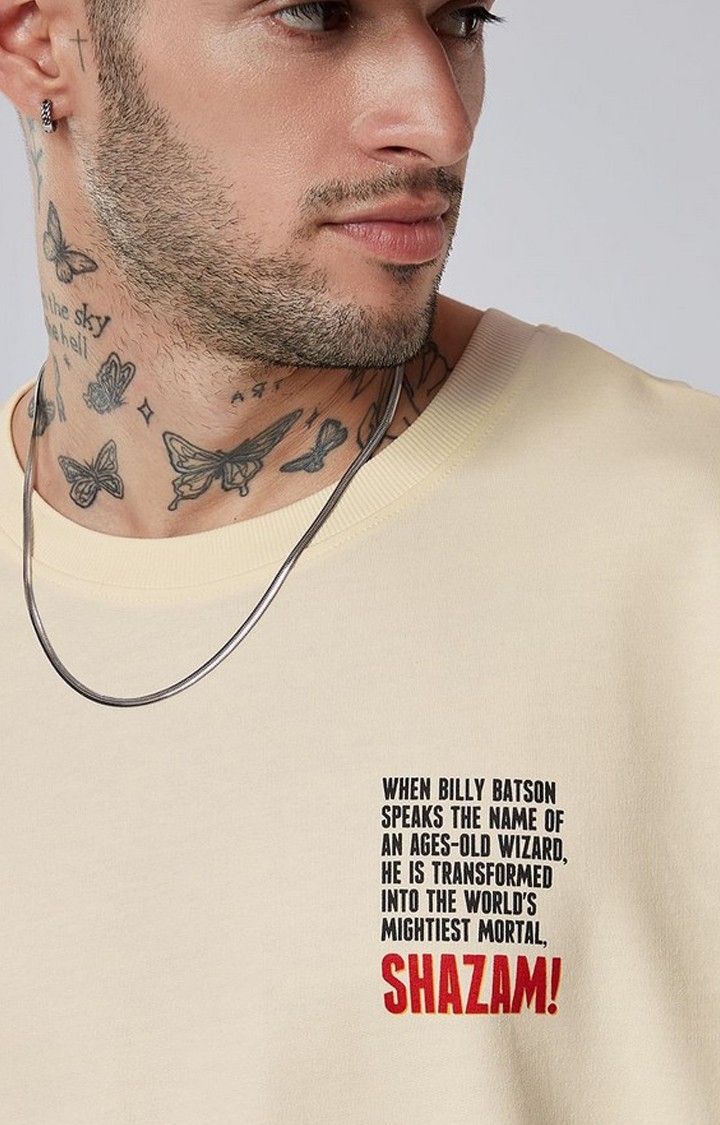 Men's Shazam: Billy Batson Beige Printed Oversized T-Shirt