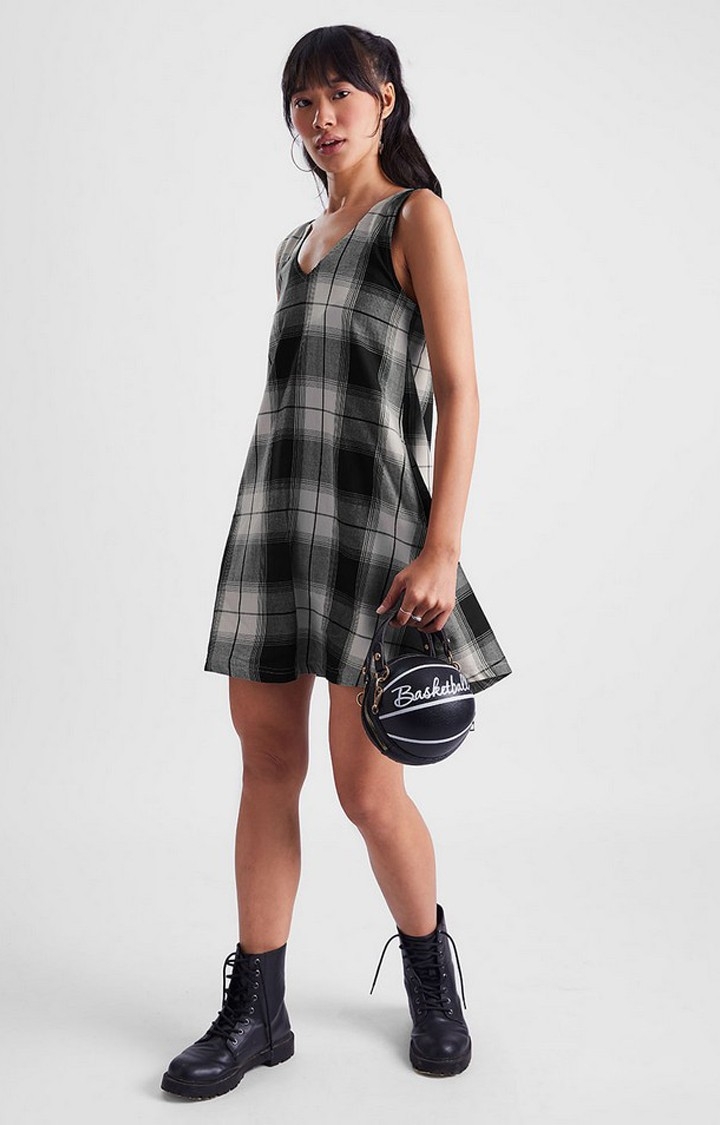 Women's Black & Beige Checked Shift Dress