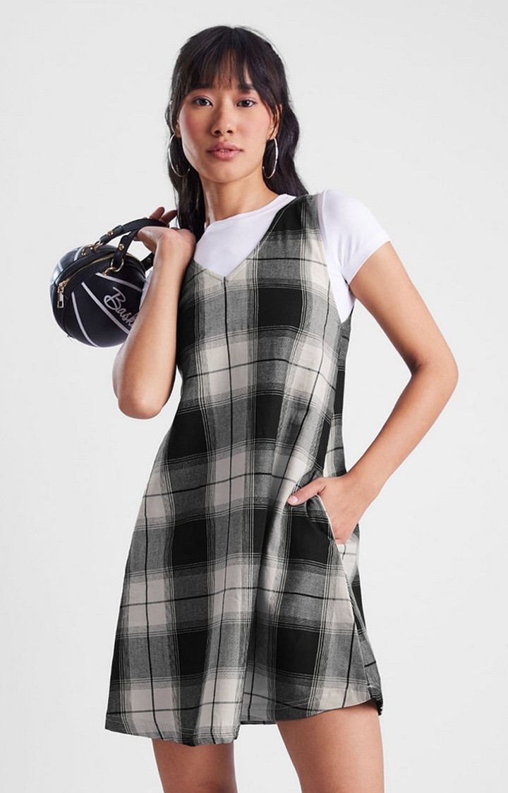The Souled Store | Women's Black & Beige Checked Shift Dress