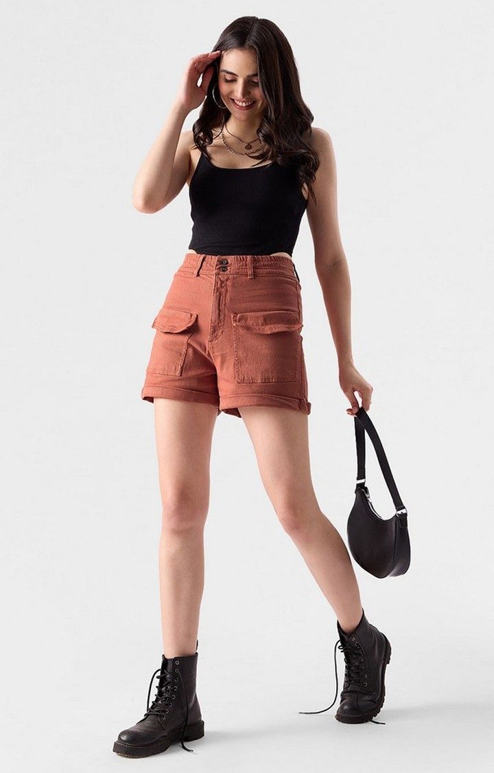 Women's  Rust red Cotton Solid Shorts