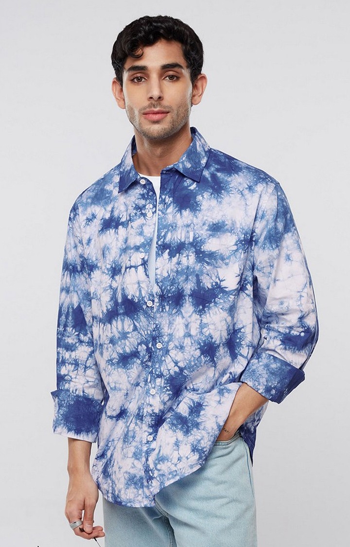 The Souled Store | Men's Blue & White Tie Dye Printed Oversized Shirt