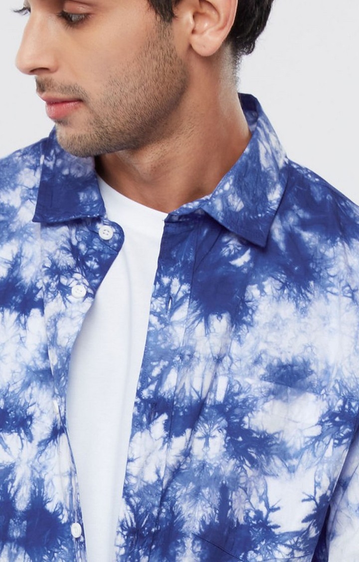 Men's Blue & White Tie Dye Printed Oversized Shirt