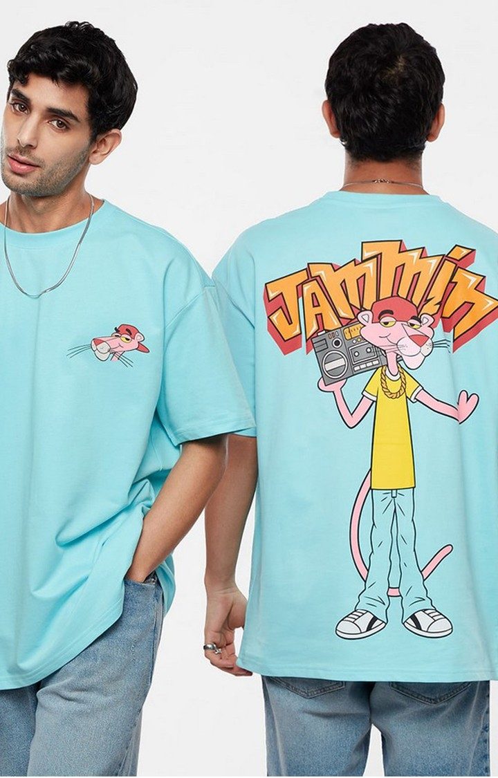 Men's Pink Panther: Jammin Blue Graphic Printed Oversized T-Shirt