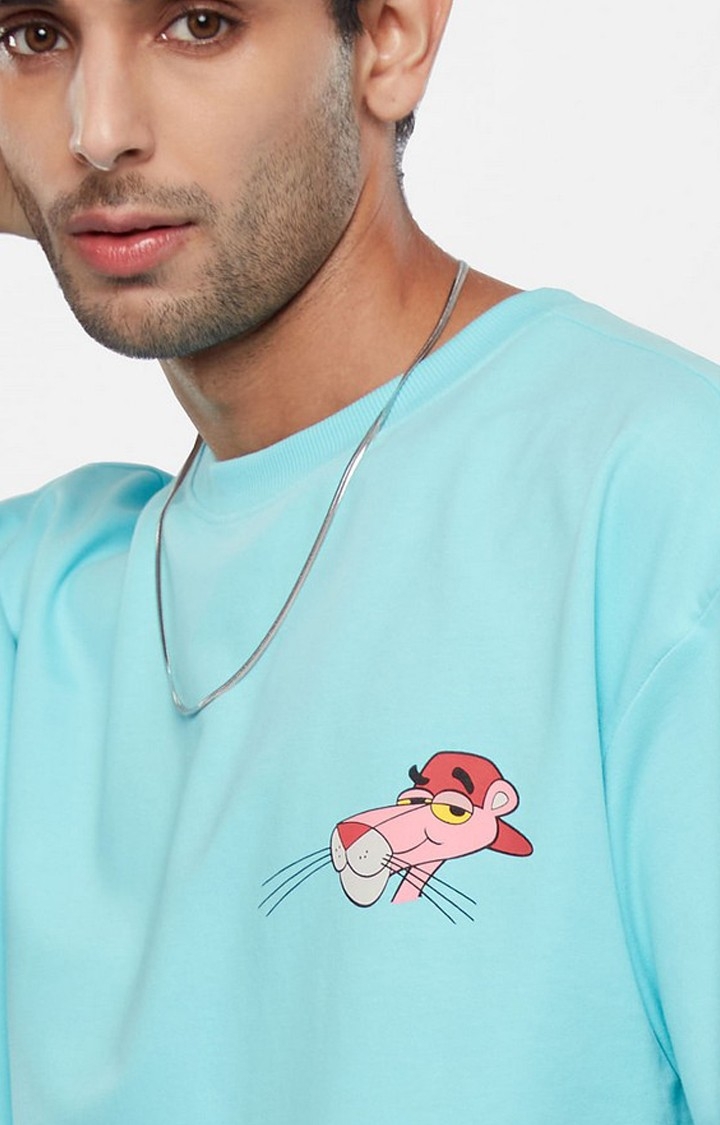 Men's Pink Panther: Jammin Blue Graphic Printed Oversized T-Shirt