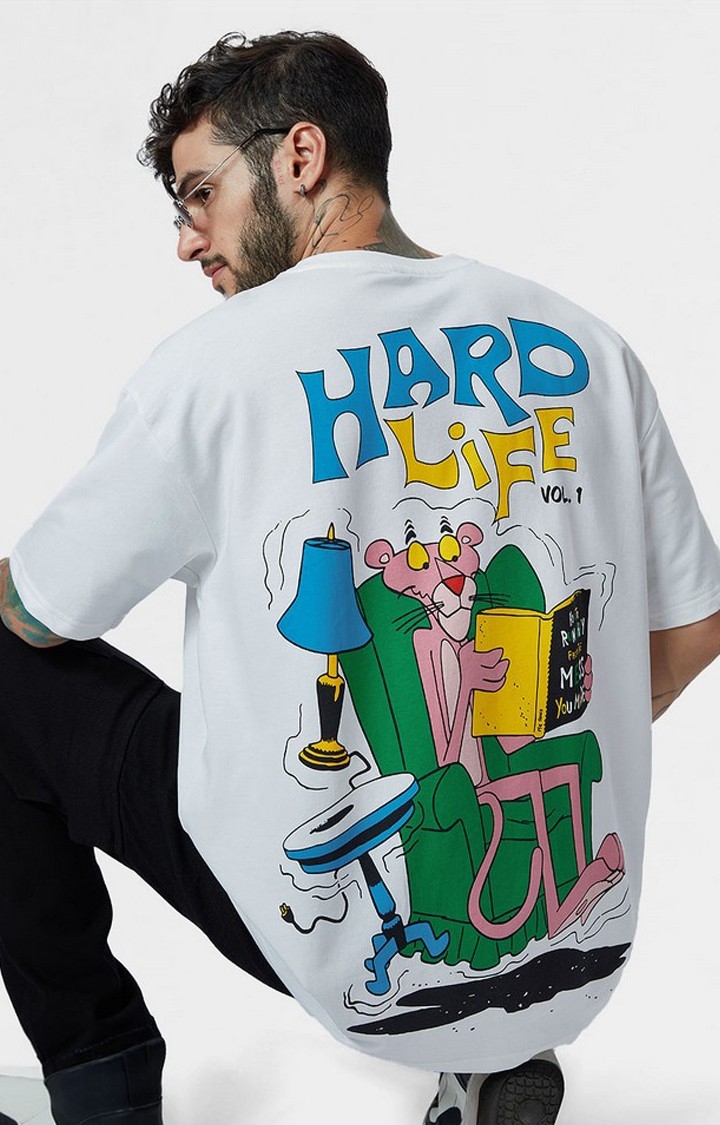 Men's Pink Panther: Hard Life White Graphic Printed Oversized T-Shirt