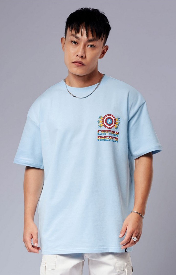 Men's Captain America: The First Avenger Blue Printed Oversized T-Shirt
