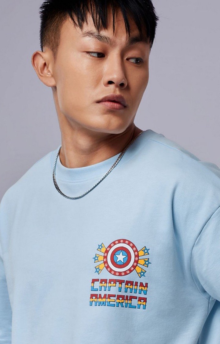 Men's Captain America: The First Avenger Blue Printed Oversized T-Shirt