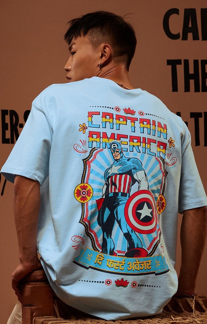 Men's Captain America: The First Avenger Blue Printed Oversized T-Shirt
