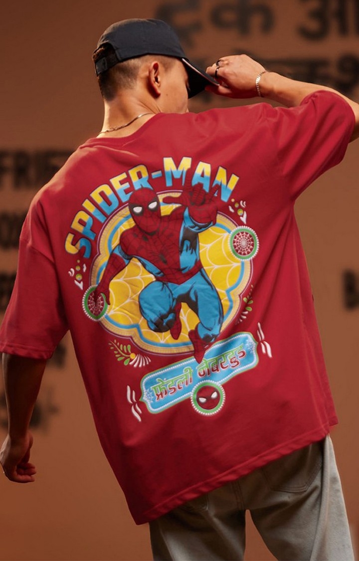 Men's Truck Art: Spider-Man Red Printed Oversized T-Shirt