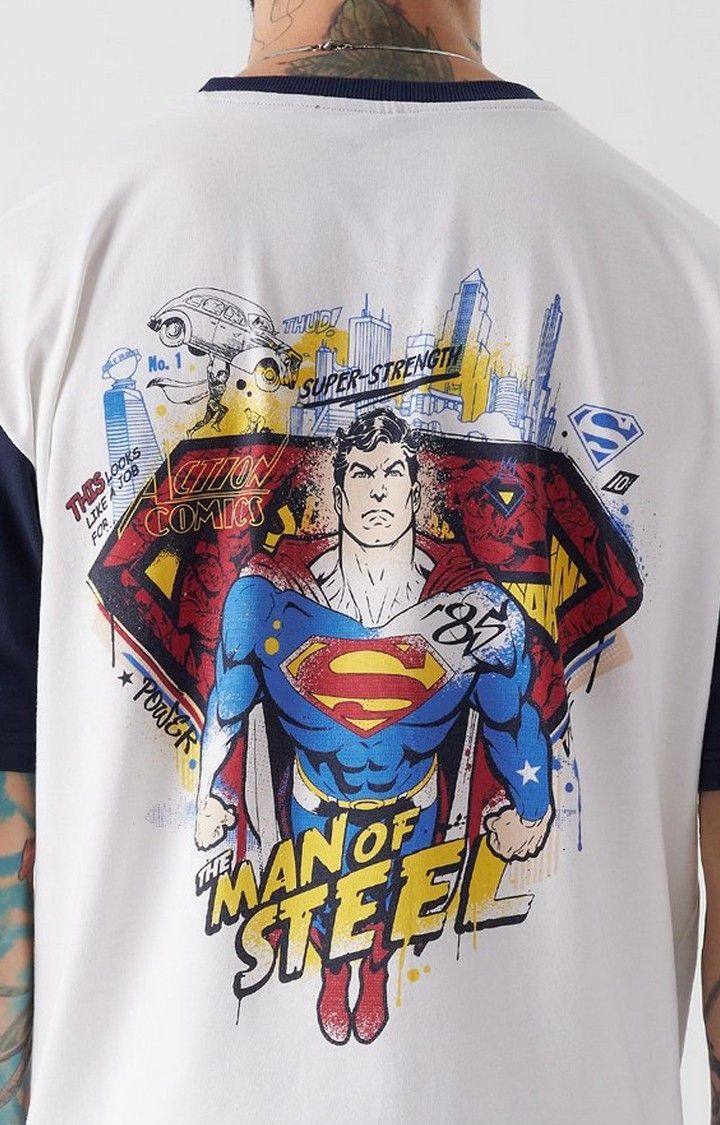 Men's Superman: The Man of Steel White & Blue Printed Oversized T-Shirt