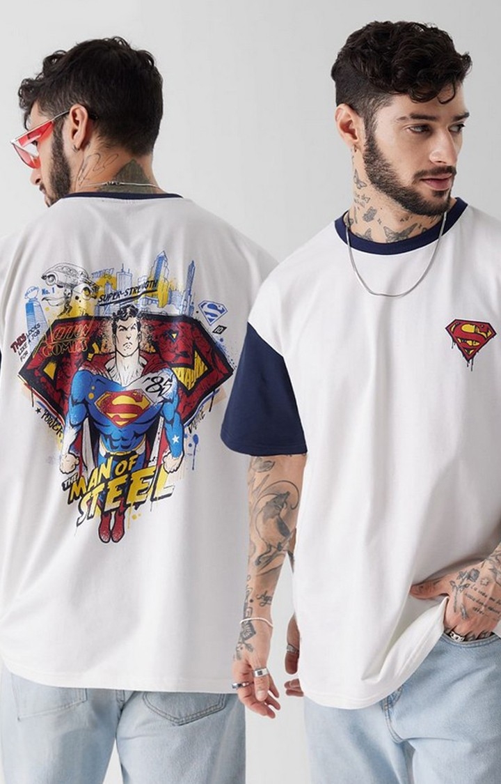 Men's Superman: The Man of Steel White & Blue Printed Oversized T-Shirt
