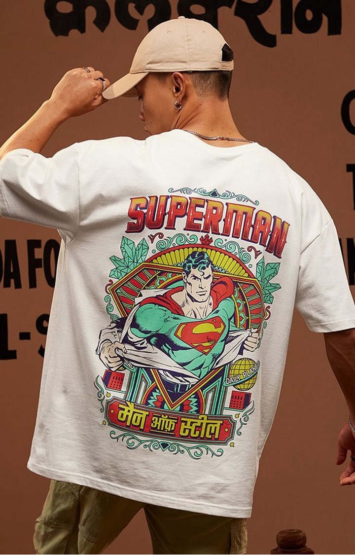 The Souled Store | Men's Superman: Man Of Steel (Truck Art) White Graphic Printed Oversized T-Shirt