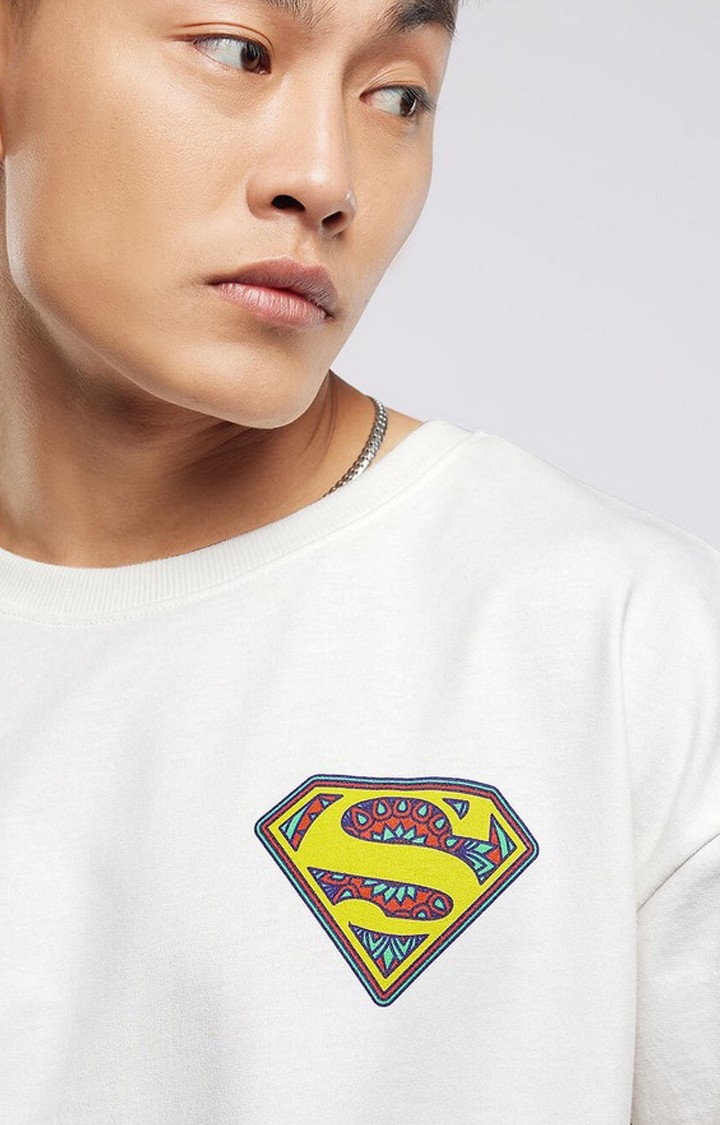 Men's Superman: Man Of Steel (Truck Art) White Graphic Printed Oversized T-Shirt