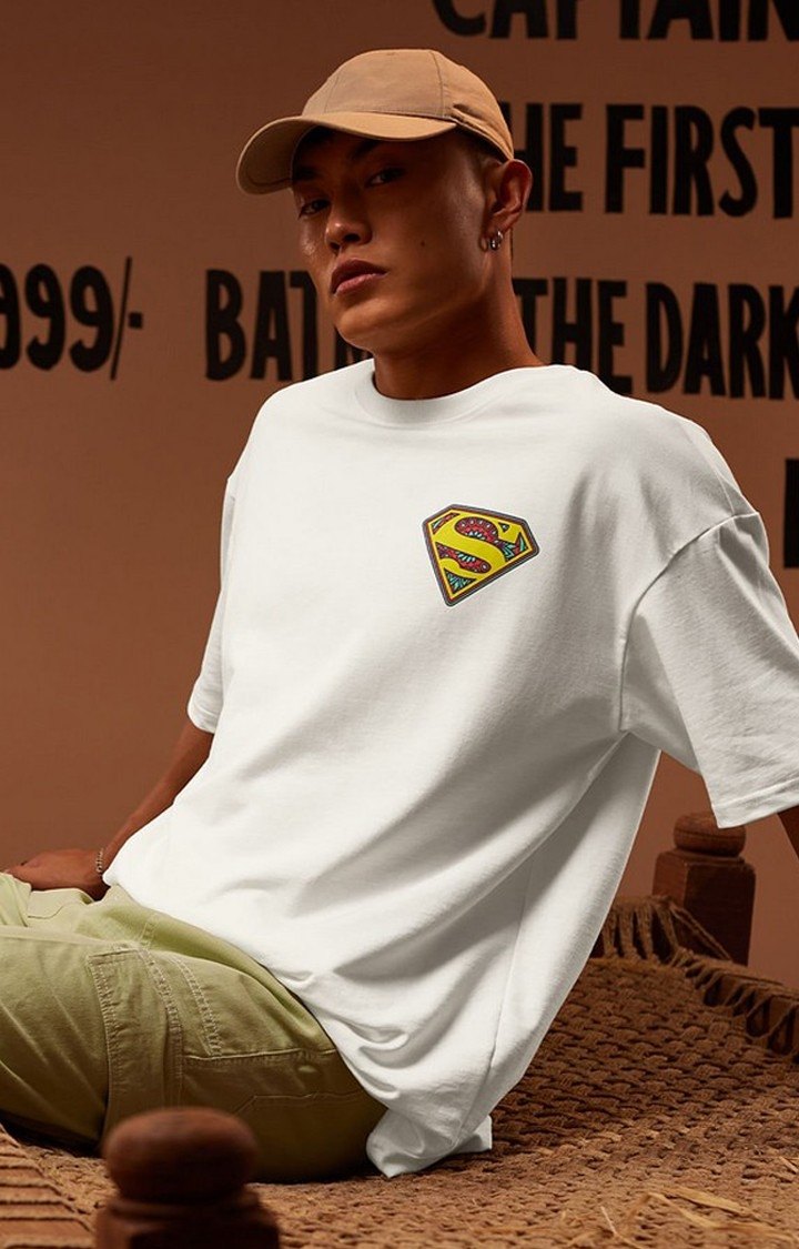 Men's Superman: Man Of Steel (Truck Art) White Graphic Printed Oversized T-Shirt