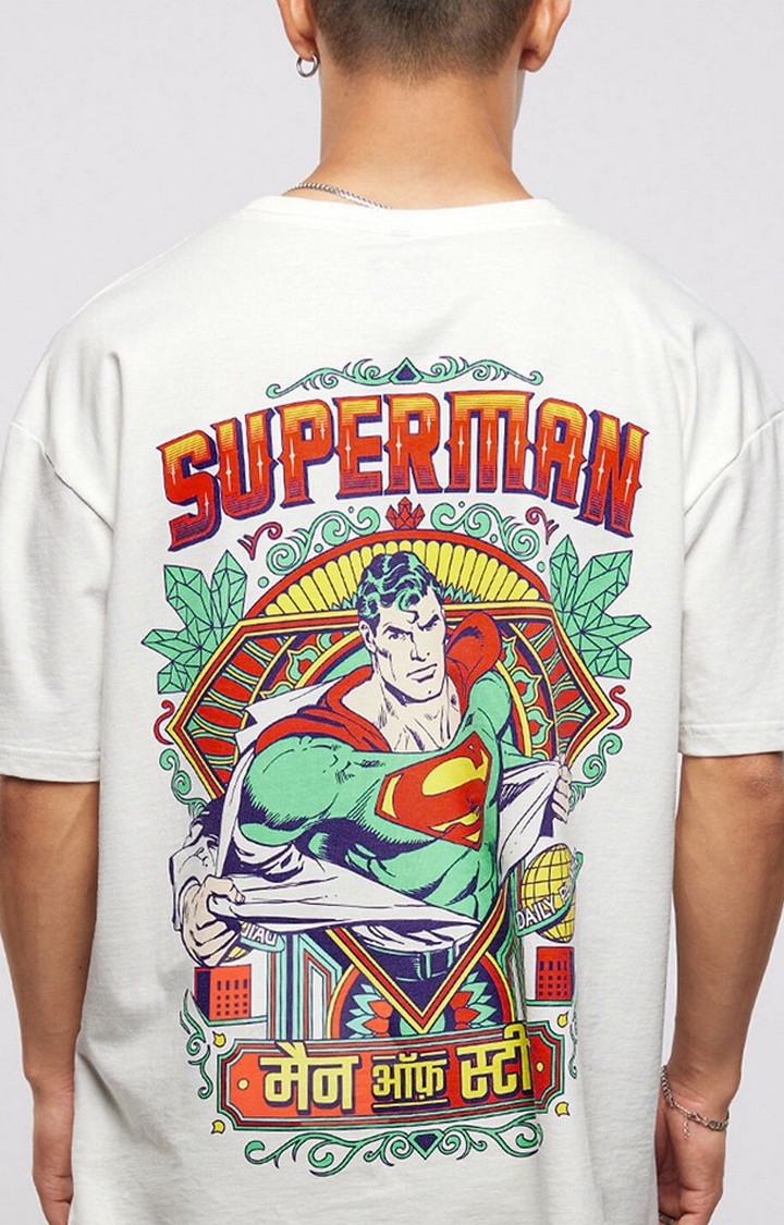 Men's Superman: Man Of Steel (Truck Art) White Graphic Printed Oversized T-Shirt