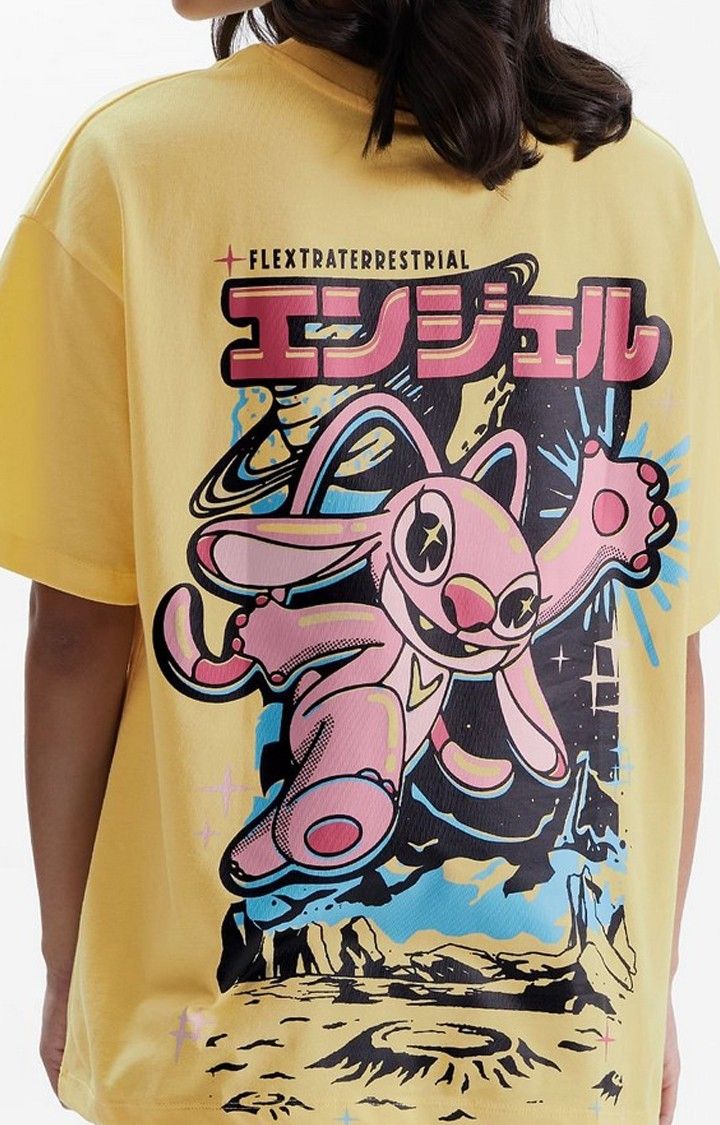 Women's Lilo & Stitch: Out of This World! Yellow Printed Oversized T-Shirt