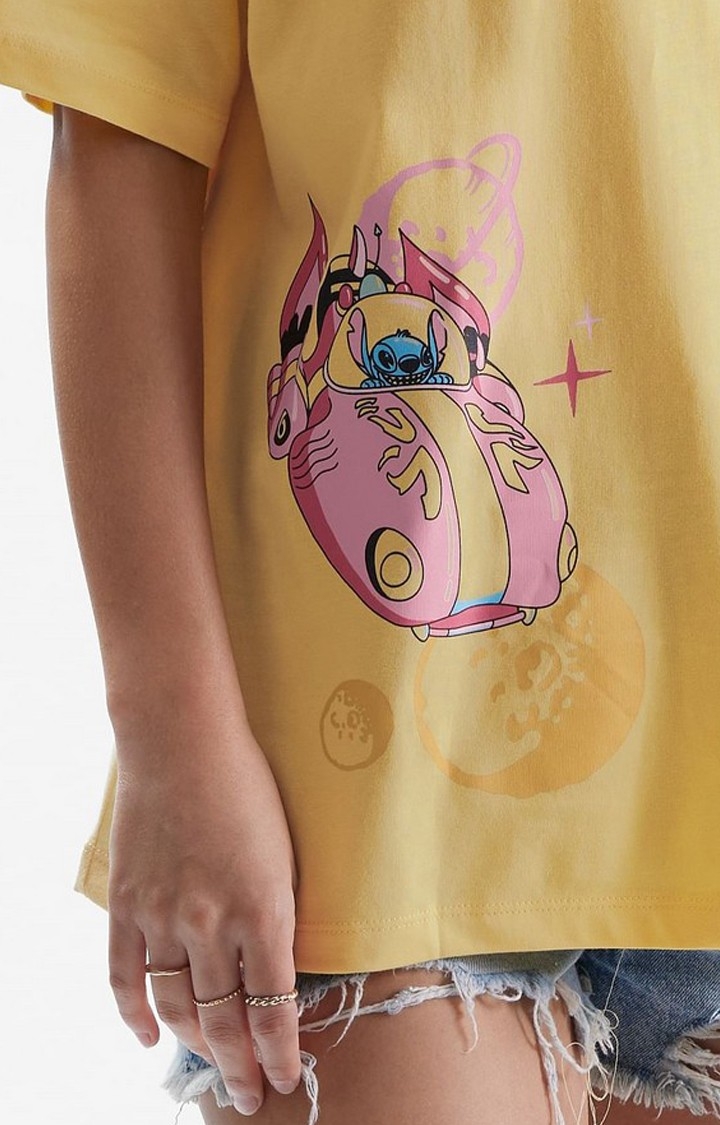 Women's Lilo & Stitch: Out of This World! Yellow Printed Oversized T-Shirt