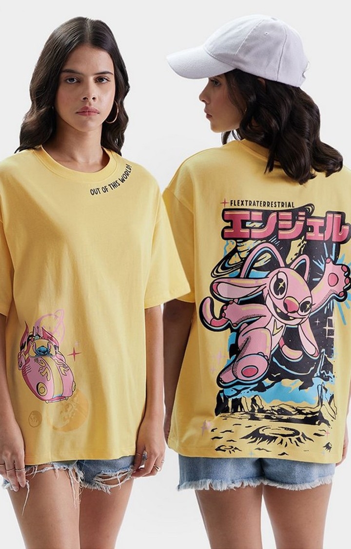 Women's Lilo & Stitch: Out of This World! Yellow Printed Oversized T-Shirt