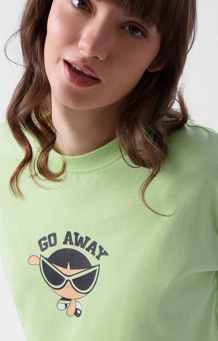 Women's Powerpuff Girls: Go Away Green Printed Crop Top